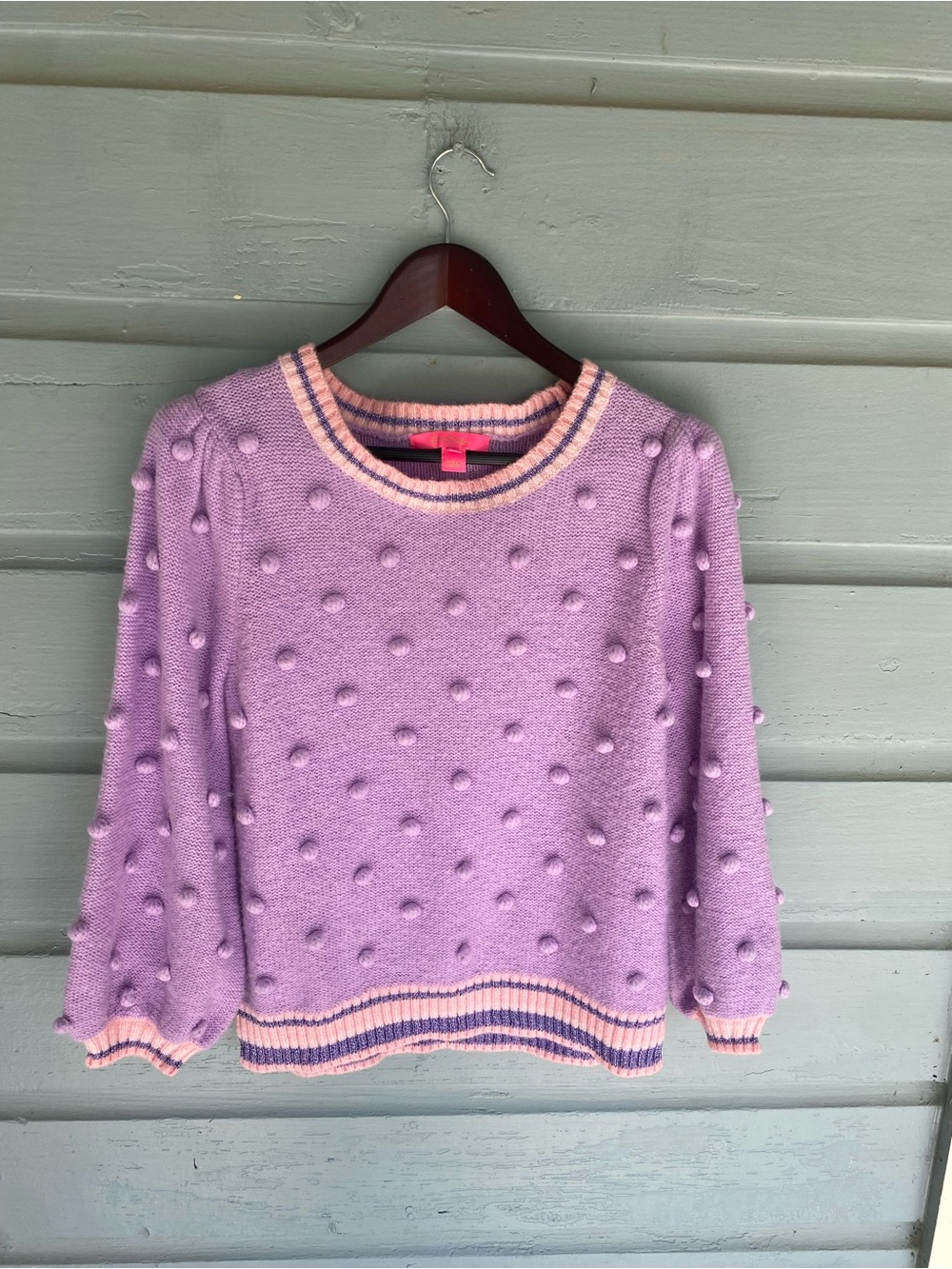 Lilly Pulitzer Lavender Pom-Pom Knit Sweater with Pink Trim Large